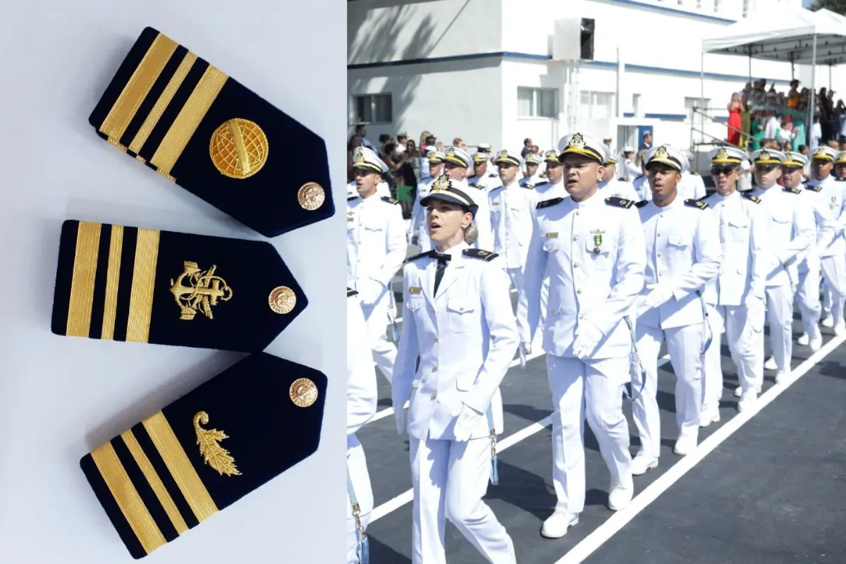 Montagem com platina de capitão-de-corveta da marinha e militares da Marinha marchando em formatura