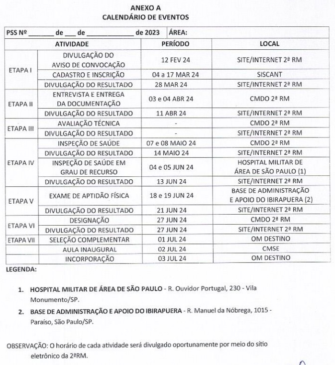 Calendário de eventos processo seletivo da 2 rm do EB