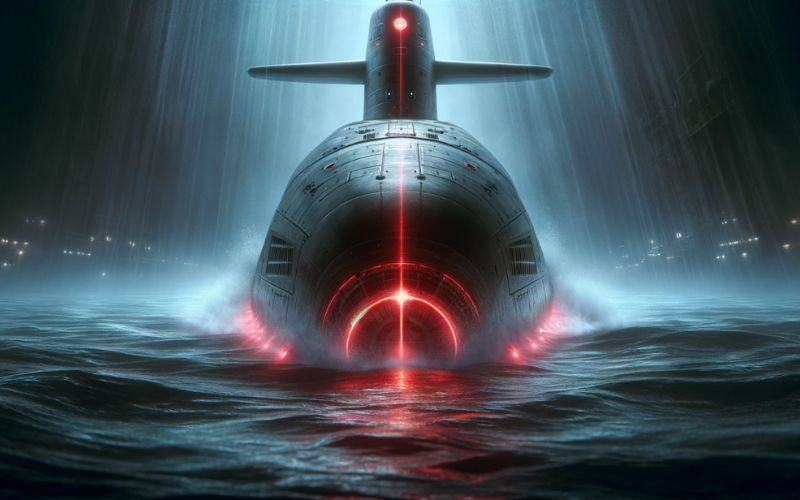 Submarino chinês enfrentando a tela com propulsão a laser vermelho, representando a tecnologia inovadora da Universidade de Harbin para aumentar a velocidade e a furtividade subaquática, transmitindo uma sensação de terror e ameaça.