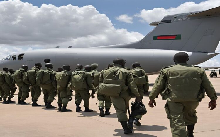 Grupo de policiais quenianos uniformizados embarcando em um avião militar com destino ao Haiti. IMAGEM GERADA POR IA. 