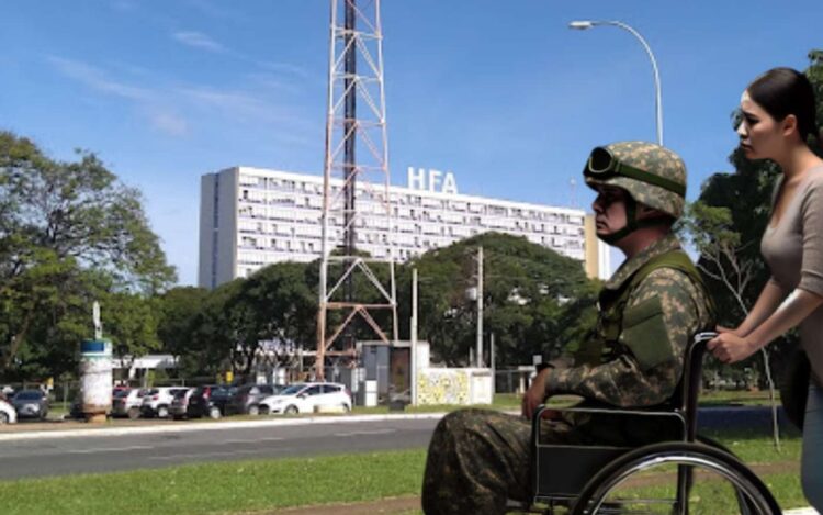 Militar em cadeira de rodas próximo do hospital das Forças Armadas: Revista Sociedade Militar, feito por IA