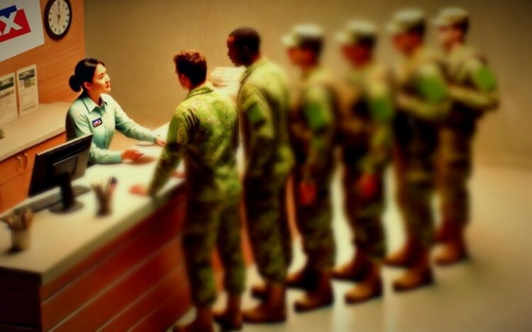 Militares em um balcão de informações: Imagem por IA