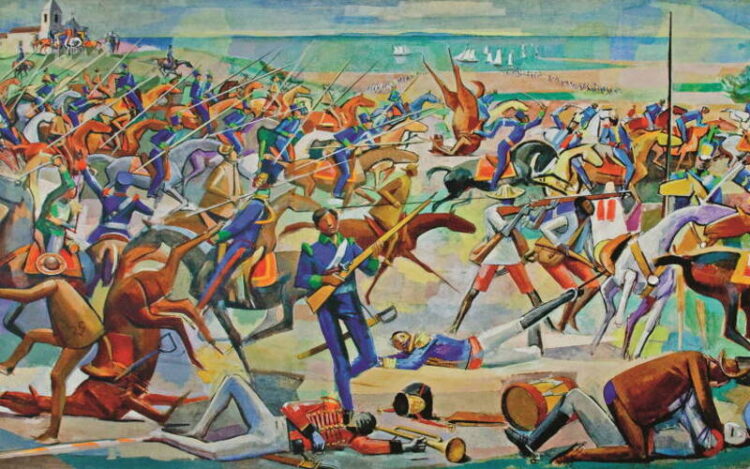 Pintura retratando a Batalha de Pirajá, onde as forças brasileiras resistiram bravamente aos ataques portugueses, um marco na luta pela independência da Bahia. *Batalha de Pirajá, Carybé/ Fonte: https://www12.senado.leg.br/assessoria-de-imprensa/releases/senado-lanca-website-201citinerarios-virtuais-da-independencia-do-brasil201d-1