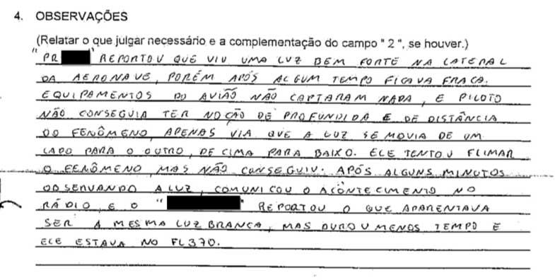 Relato de um avistamento ocorrido em 1997. Documentos como este são de 