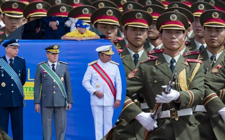 Comandantes do Exército, Marinha e Aeronáutica em 7 de setembro de 2024 e militares da China - montagem