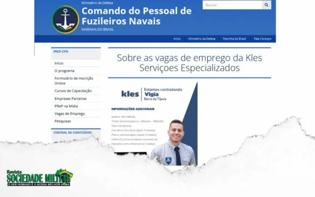 Imagem do site do Corpo de Fuzileiros navais com oferta de emprego - 16 de setembro de 2024