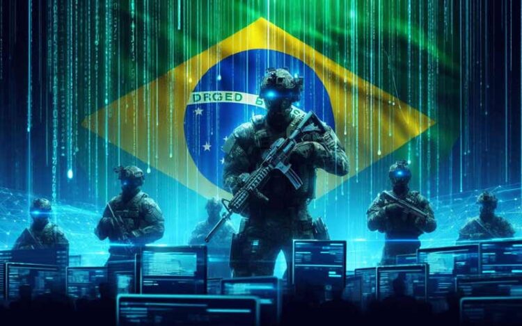 Soldados cibernéticos armados entre máquinas e a bandeira do Brasil.