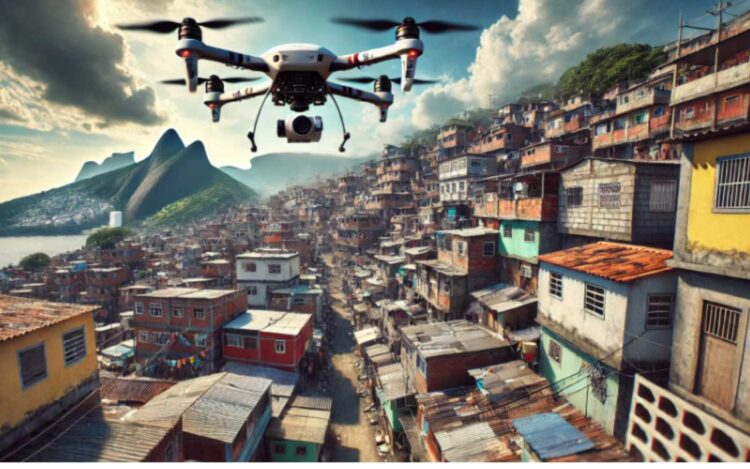 Drone monitorando comunidade carioca - Imagem por IA