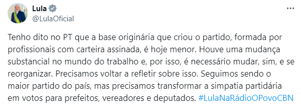 Postagem de Lula no Twitter em 11 de outubro de 2024