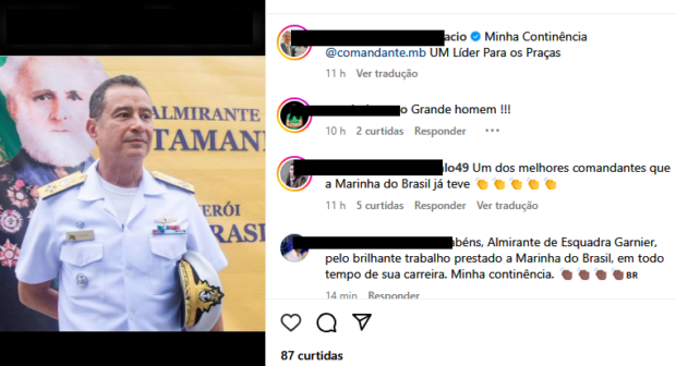 Imagem de Almir garnier e comentários positivos em redes sociais de militares