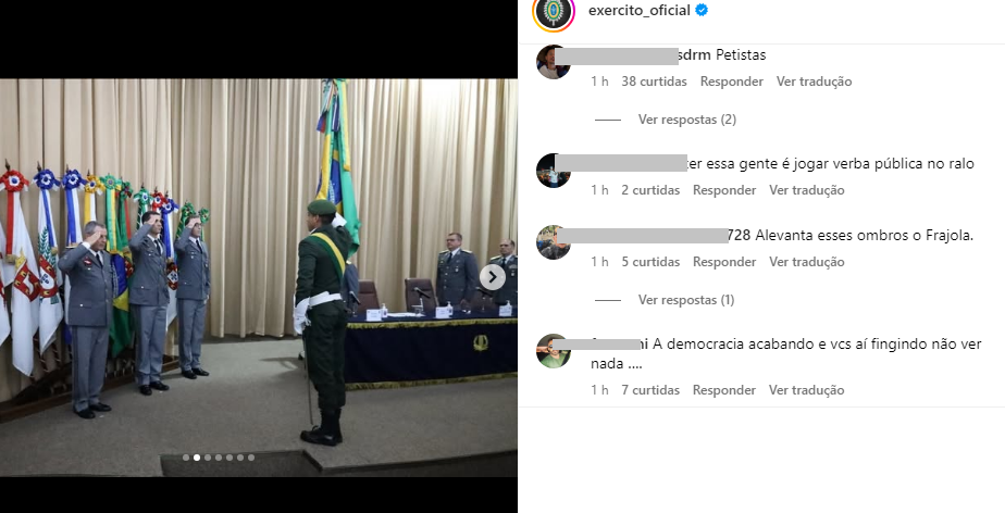 Imagem de tela de post do Exército Brasileiro no Instagram - comentários de seguidores