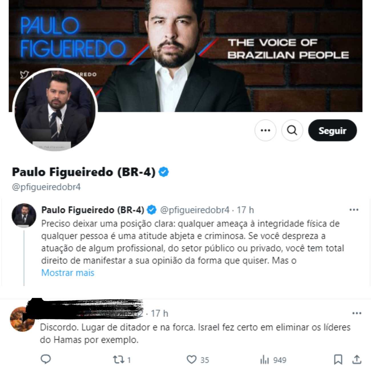 Imagem de tela - print - Paulo figueiredo e as declarações contra a violência