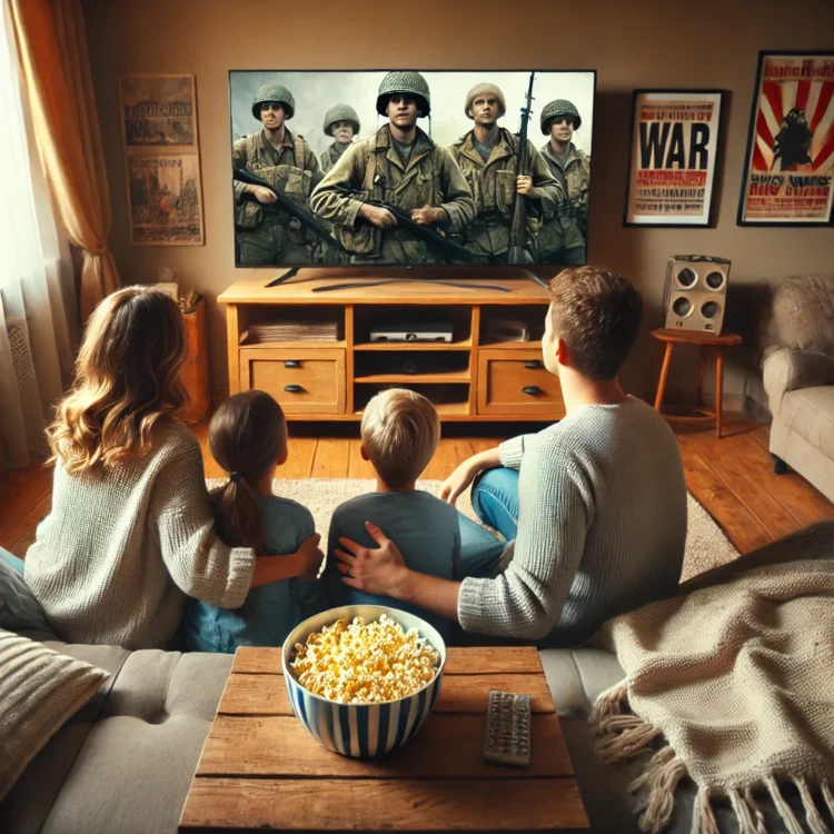 Família assiste filme de guerra na televisão. O Melhor da Guerra no cinema.