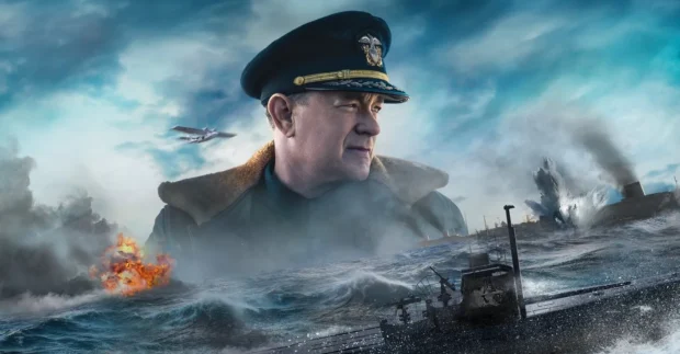 Tom Hanks em Greyhound: romance original foi tão bem escrito que chegou a ser usado como manual tático pela Marinha dos EUA para tratar de guerras submarinas.